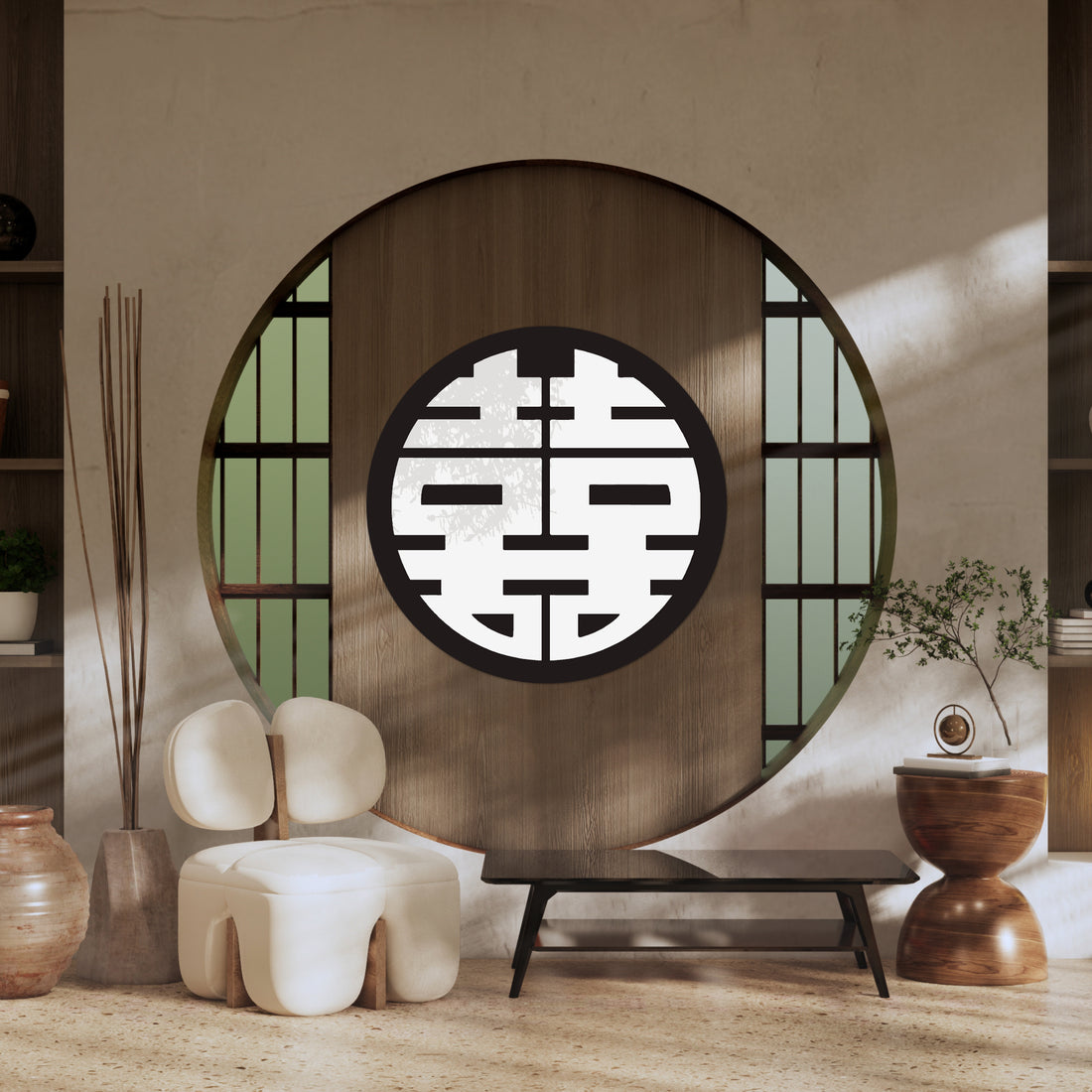 Custom 3D Mirror Acrylic Round Traditional Asian Wedding Sign, Chinese Double Happiness 囍 Hỷ Joy Tea Ceremony Signage, Event Wall Decor Hoop