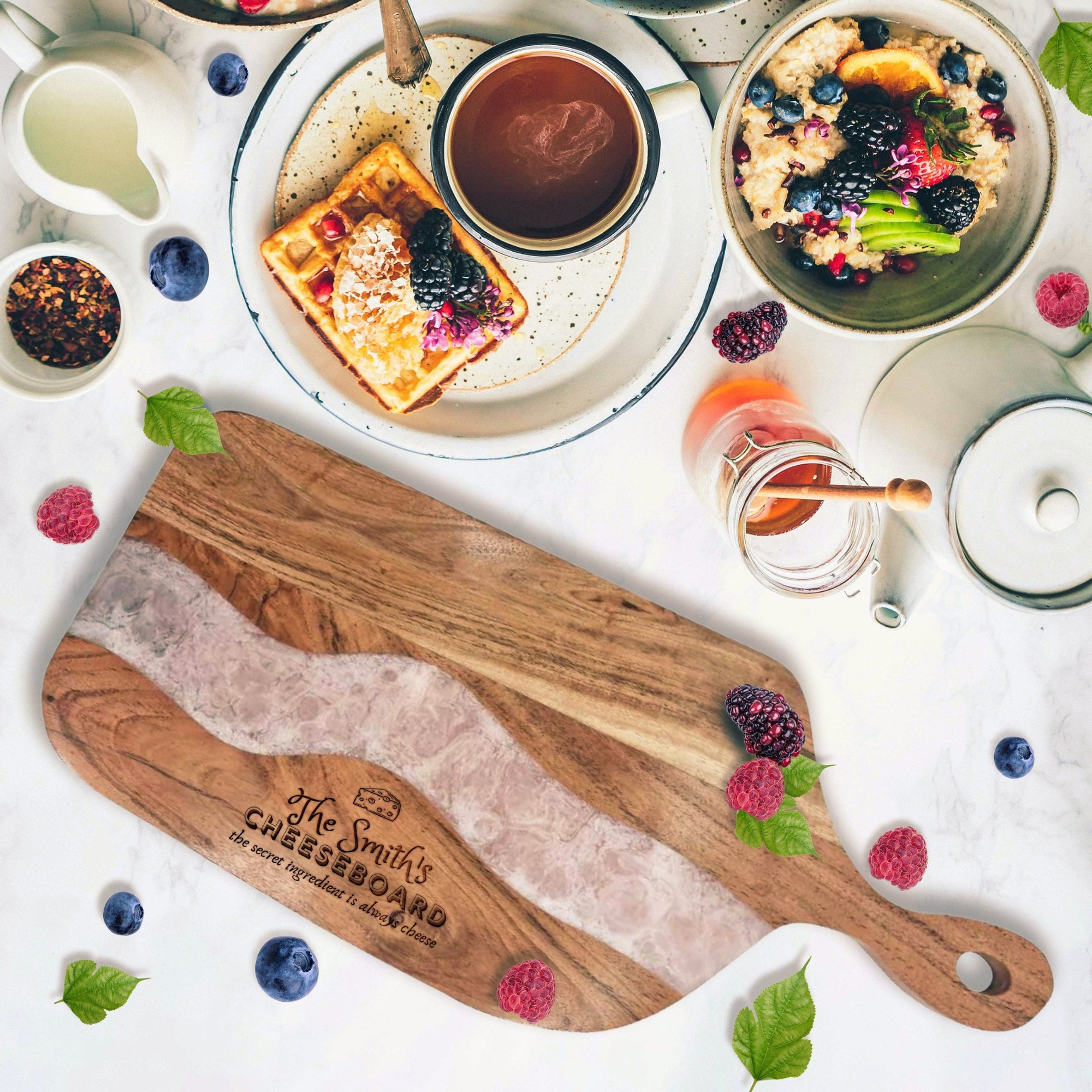 Personalised Acacia Wood &amp; Resin Cheese Serving Board, Custom Engraved Cutting/ Chopping Paddle Tray, Charcuterie Platter, Housewarming Gift