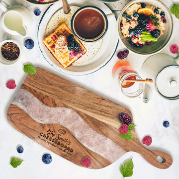 Personalised Acacia Wood & Resin Cheese Serving Board, Custom Engraved Cutting/ Chopping Paddle Tray, Charcuterie Platter, Housewarming Gift