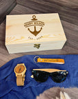 Personalised Sunglasses, Watch, Set, Tan Leather Key Ring in Custom Engraved Wooden Box, Best Man, Father, Groomsman Proposal Wedding Gift