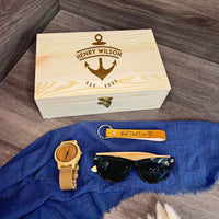 Personalised Sunglasses, Watch, Set, Tan Leather Key Ring in Custom Engraved Wooden Box, Best Man, Father, Groomsman Proposal Wedding Gift