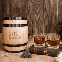 Personalised Wooden Barrel Whiskey Box, 2 Scotch Glasses, 6 Ice Stones | Custom Engraved Barware Set, Dad, Groomsman Wedding, Christmas Gift