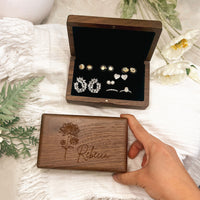 Personalised Wood Jewellery Case, Engraved Birth Flower Walnut Accessories Box, Travel Rings Storage Earrings Organiser, Bridesmaid Mom Gift