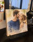 Personalised Watercolour Portrait Photo on Square Wooden Display Block