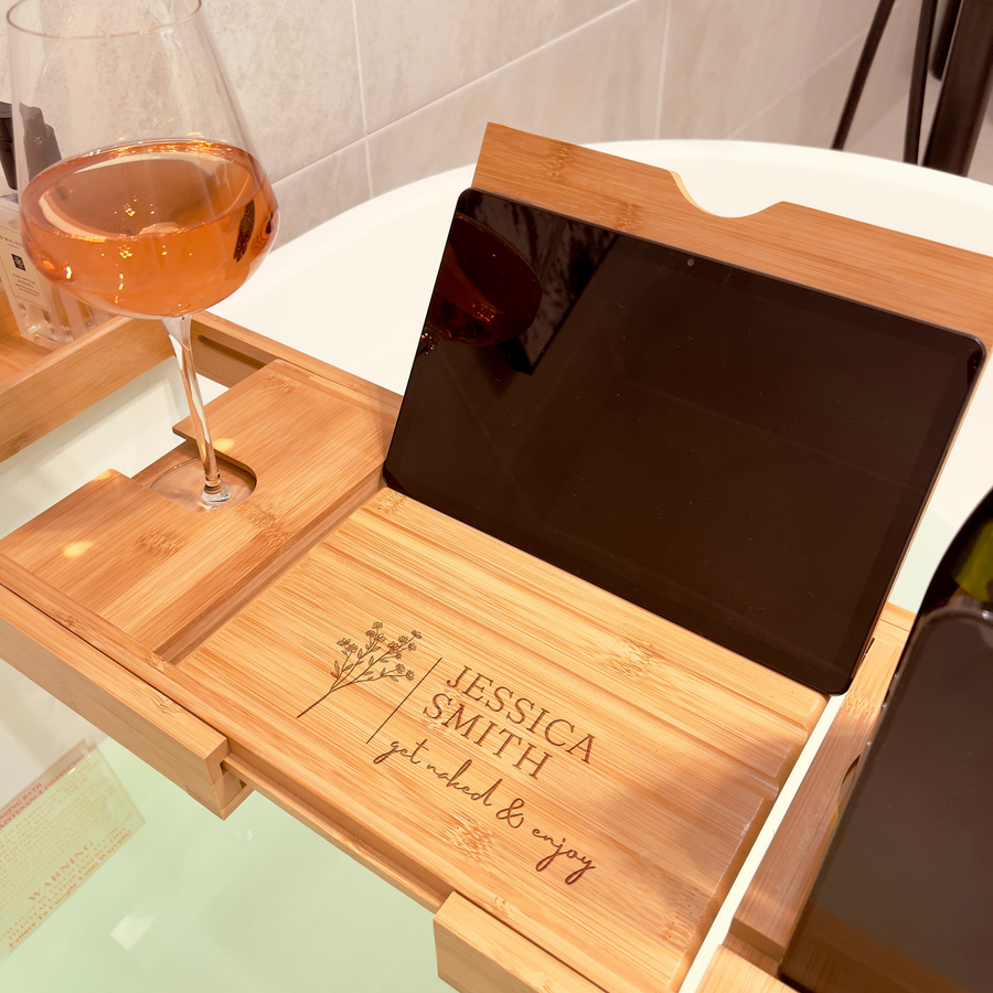 Personalised Bamboo Extendable Bath Caddy Tray, Custom Engraved Wooden Adjustable Spa Bathtub Storage Rack with Phone Slot, Candle, Wine Glass Holder, Tablet/Ipad/Book Holder