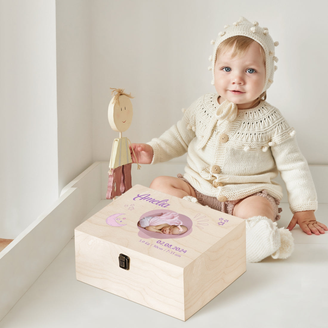 Personalised Baby Photo Wooden Keepsake Box, Custom Print Engraved Pine Memory Boxes, Treasure Storage, Nursery, Baptism First Birthday Gift