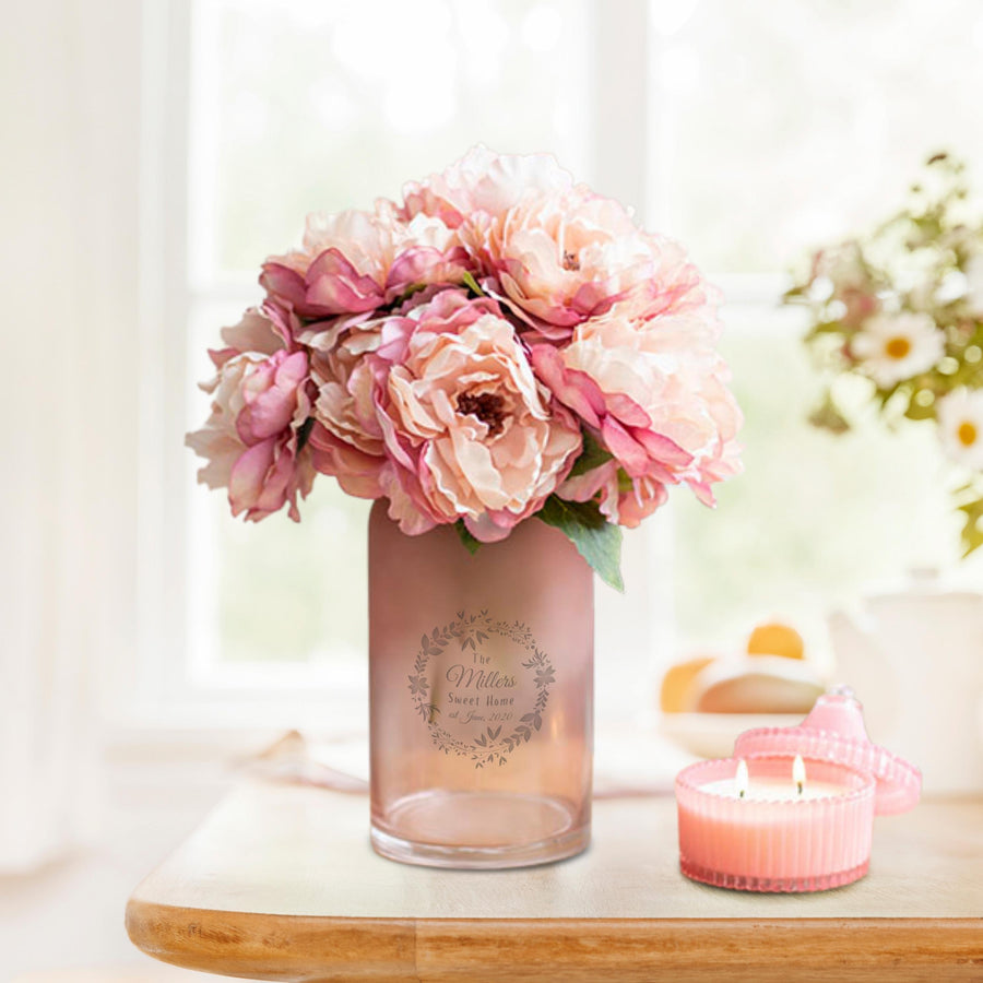 Personalised Curved Cylinder Frosted Pink Glass Vase, Engraved Memorial Wedding, Bridesmaid, Bride's Mother, Housewarming, Anniversary Gift