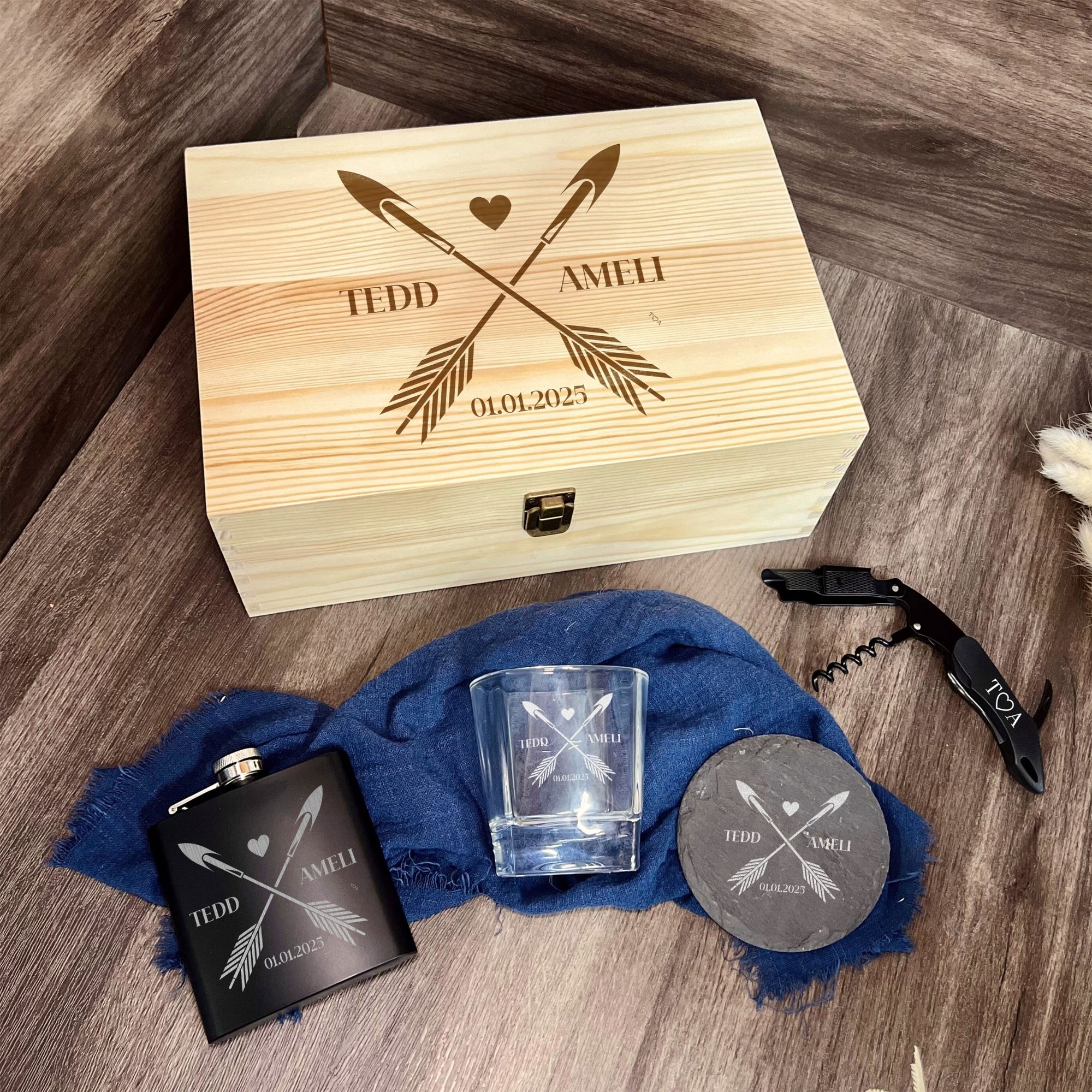 Personalised Whiskey Glass, Slate Coaster, Black Matte Corkscrew, Hip Flask Set in Wooden Box in Custom Engraved Wooden Box, Best Man, Father, Groomsman Proposal Wedding Gift