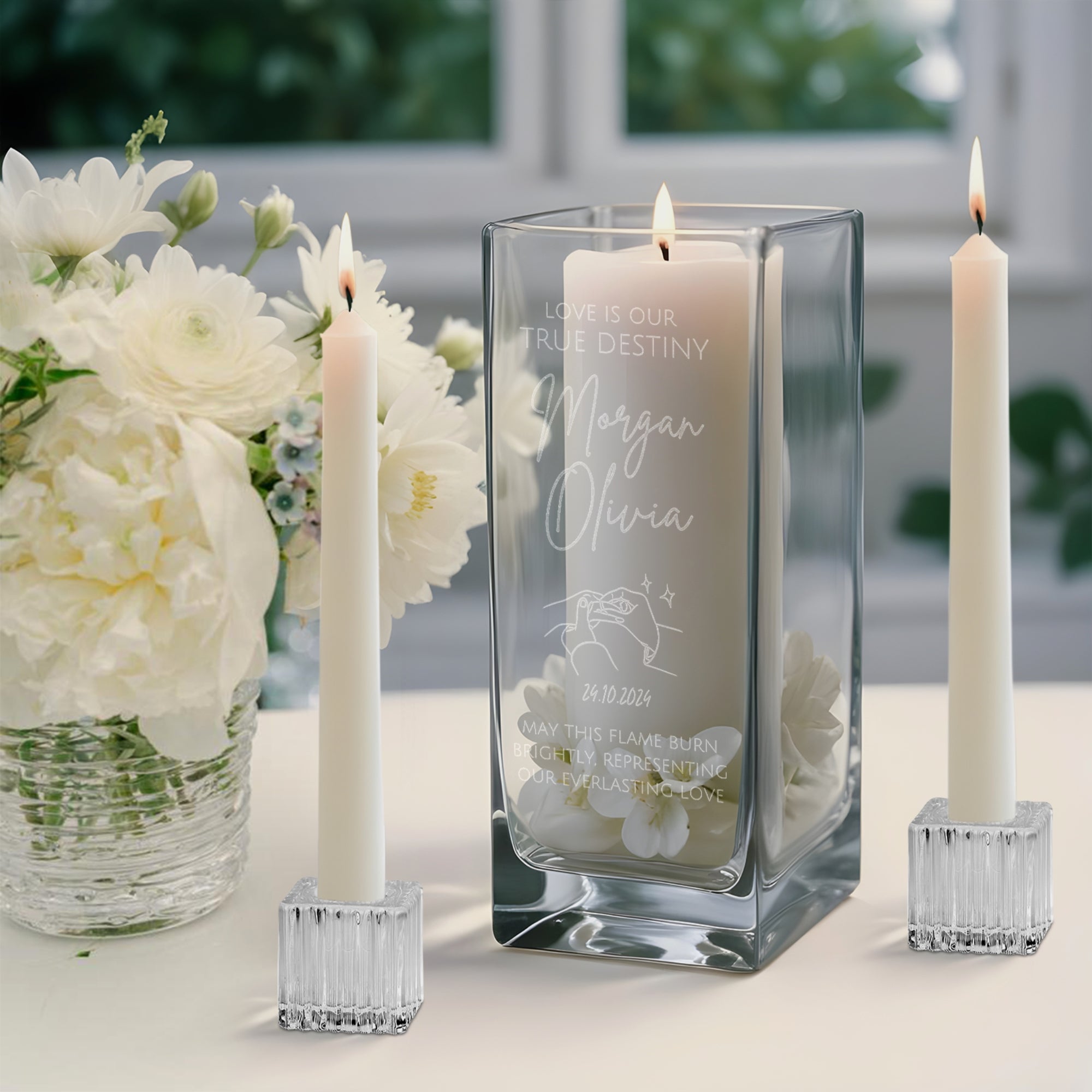 Custom Engraved Square Glass Vase Unity Candles & Holders Set, Wedding Ceremony Engagement Christening Baptism Anniversary Personalised Gift