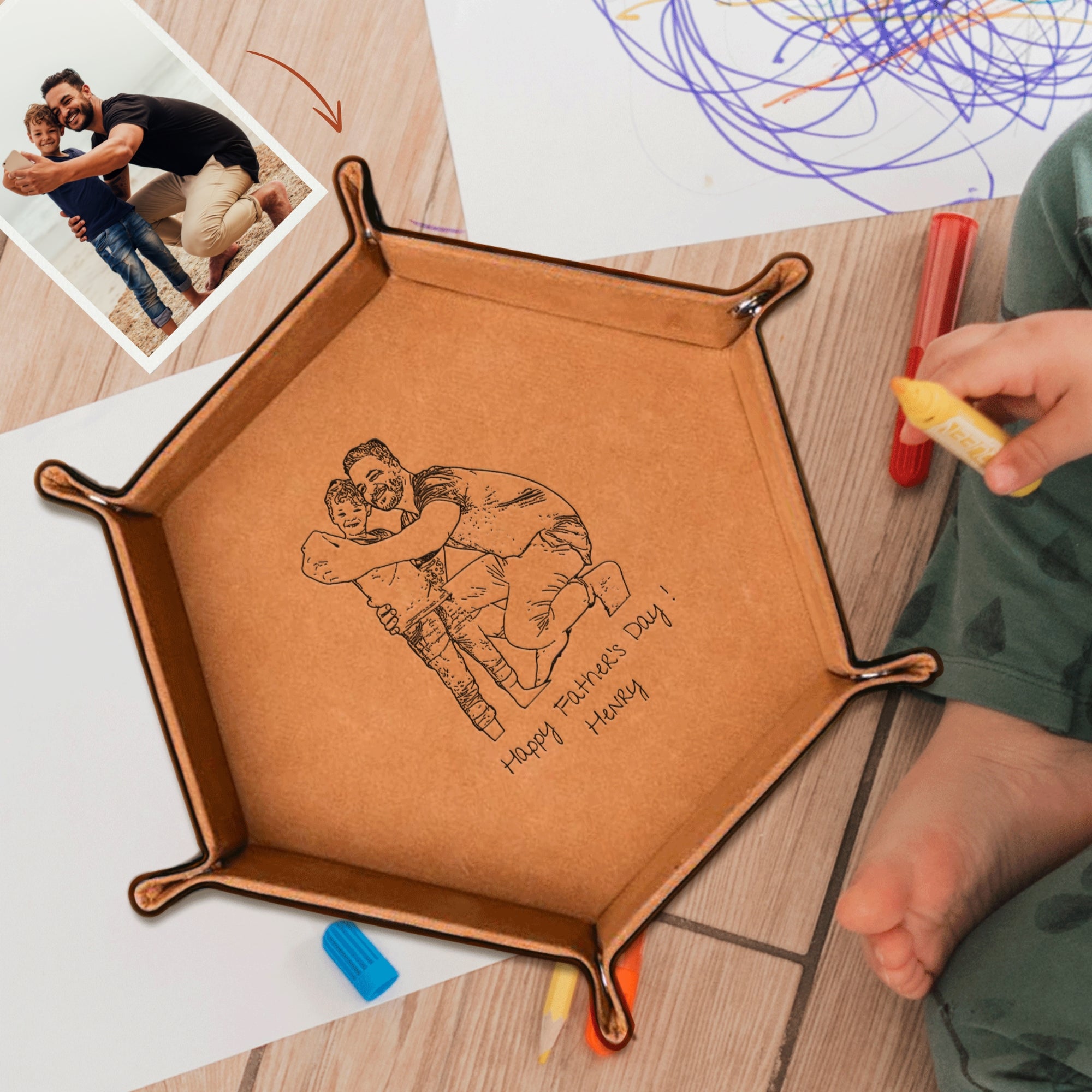 Personalised Your Kid Hand Drawing, Sketch Photo Hexagon Leather Catchall Tray, Custom Engraved Valet Storage, Desk Caddy Organiser Dad Gift