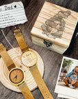 Personalised Message Bamboo Watch & Sketch Photo Wooden Box Set, Custom Engraved Logo Unisex Accessories Storage, Dad, Mom, Anniversary Gift