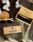 Personalised Unisex Wooden Polarised Sunglasses & Bamboo Box, Custom Engraved Logo Eyeware Glasses Case, Groomsman Dad Gift Wedding Favour