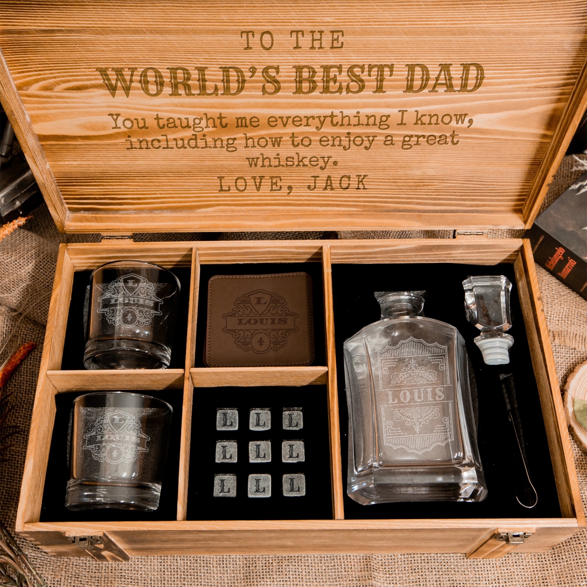 Personalised Army Wood Crate Whiskey Decanter &amp; Glasses Box, Custom Engraved Barware Set, Groomsman Dad, Birthday, Wedding, Corporate Gift