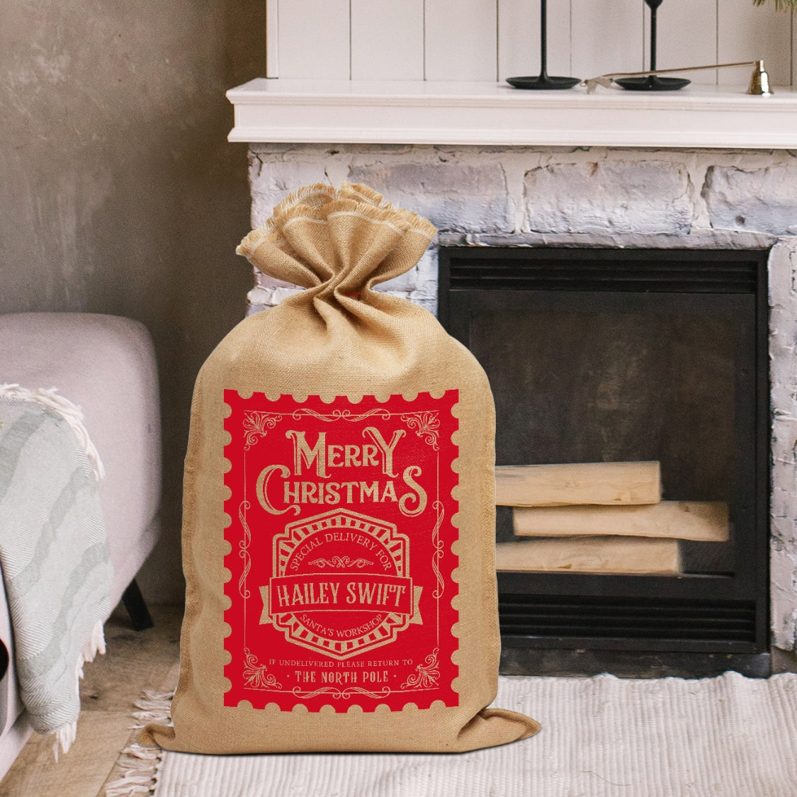 Personalised Merry Christmas Kid & Family Traditional Sack, Customised Delivery North Pole Presents Jute Bag, Linen Gift Storage, Xmas Decor