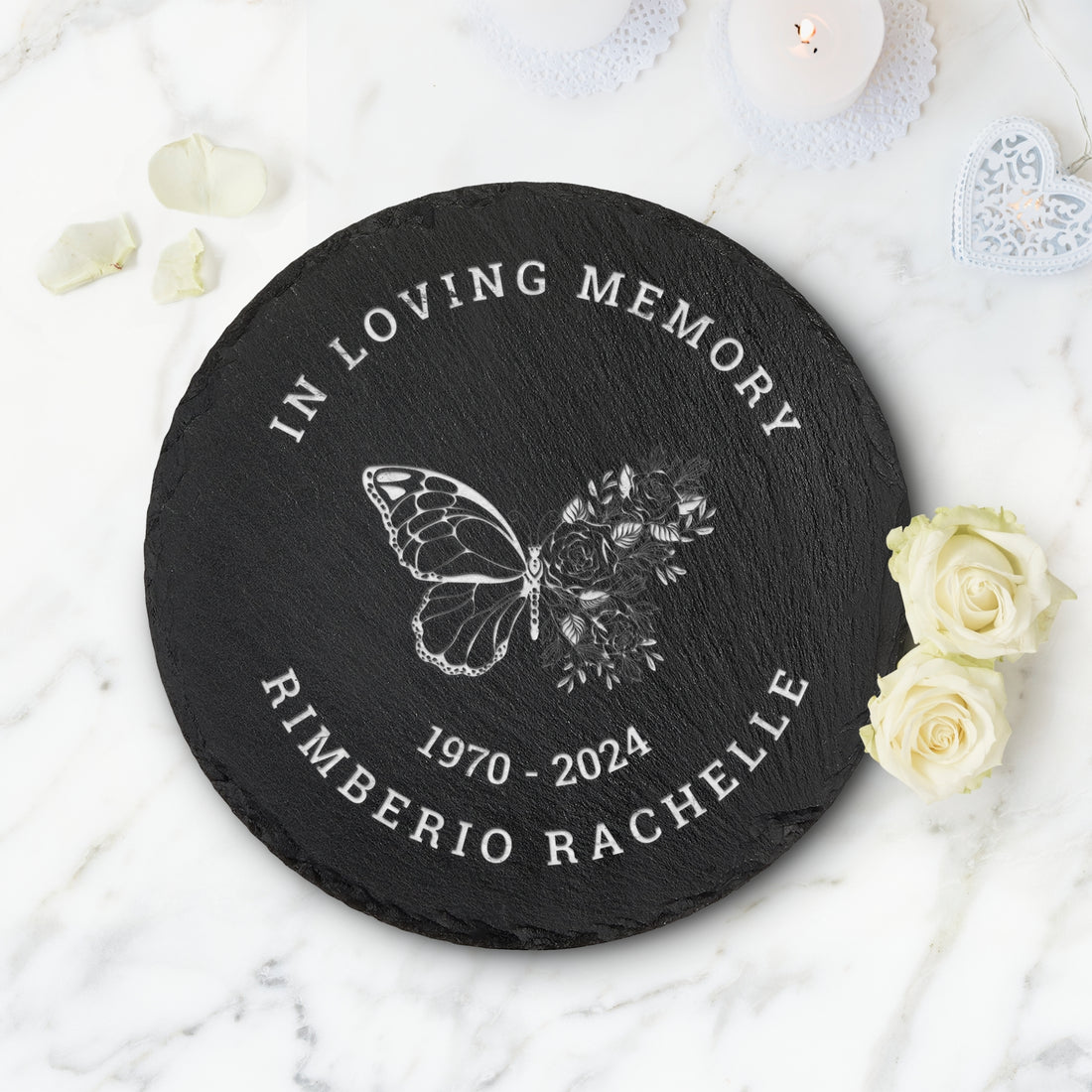Personalised Memorial Round Slate Sign, Custom Engraved In Loving Memory Garden Stone, Funeral Cemetery Plaque, Loss of Loved One Pray Gift
