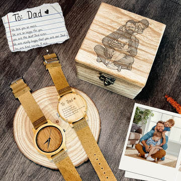 Personalised Message Unisex Bamboo Watch & Etched Sketch Photo Wooden Box, Custom Engraved Logo Jewellery Storage Holder, Groomsman, Dad, Corporate Gift