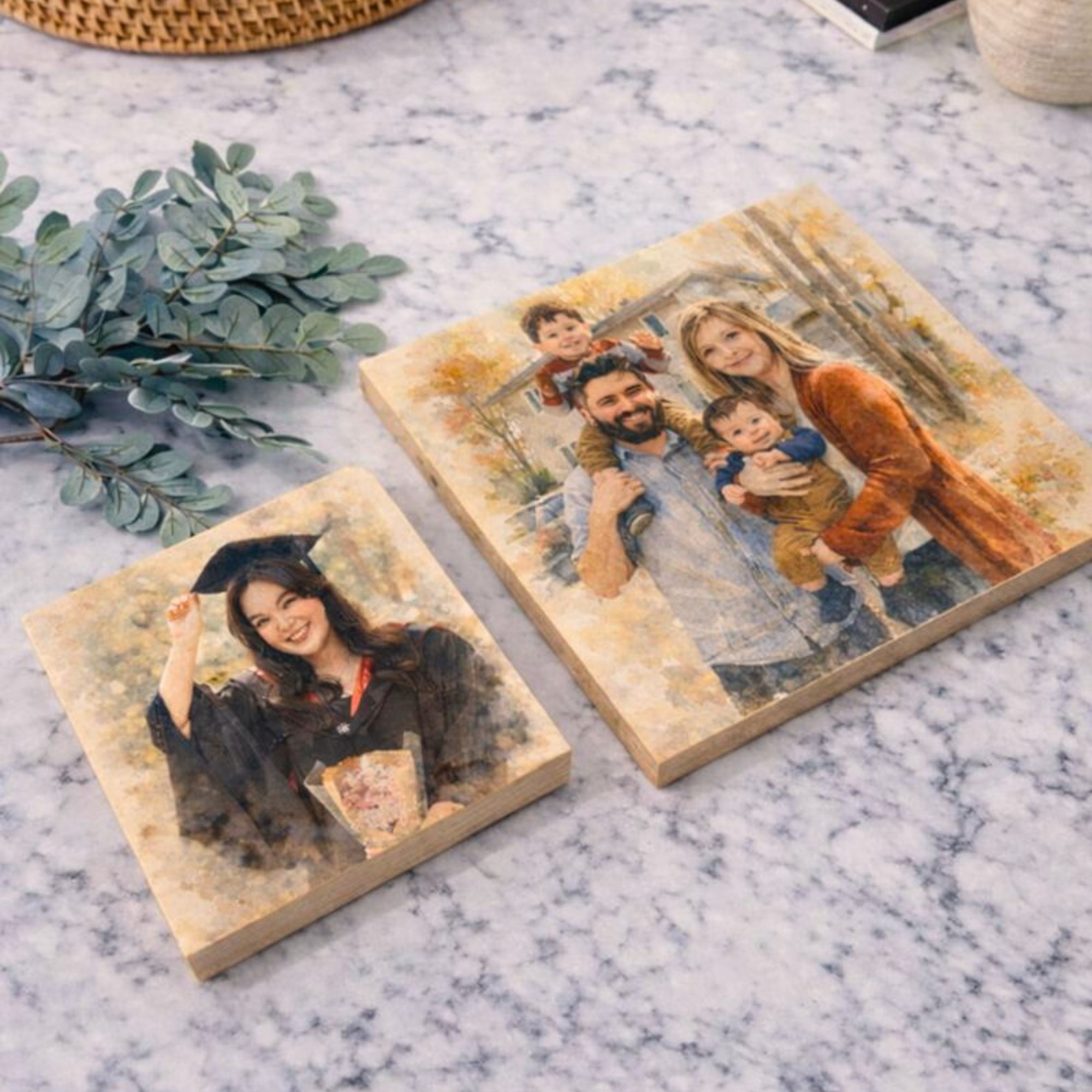 Personalised Watercolour Portrait Photo on Square Wooden Display Block