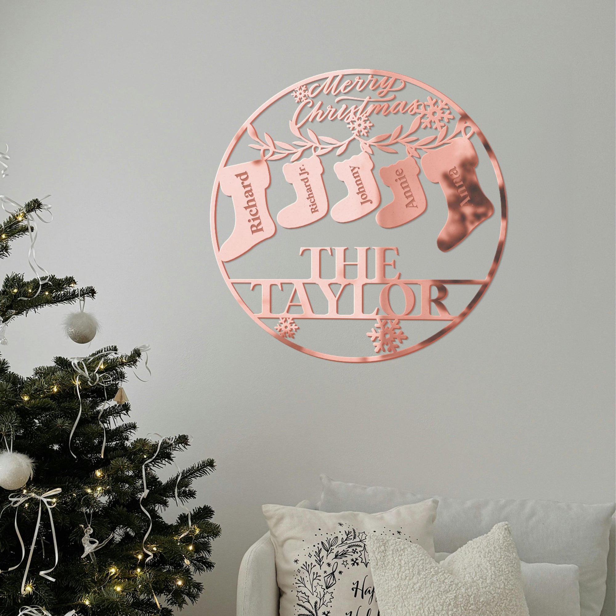 Custom Christmas Sock Family Member Names Sign, Personalised Xmas New Year Signage, Party Event Wall Hoop Backdrop Festive Wreath Door Decor