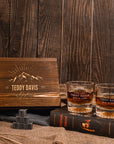 Custom Engraved Whiskey Wooden Box - 2 Round Star Scotch Glasses & 6 Rock Ice Stones, Personalised Barware Set, Birthday, Housewarming Gift