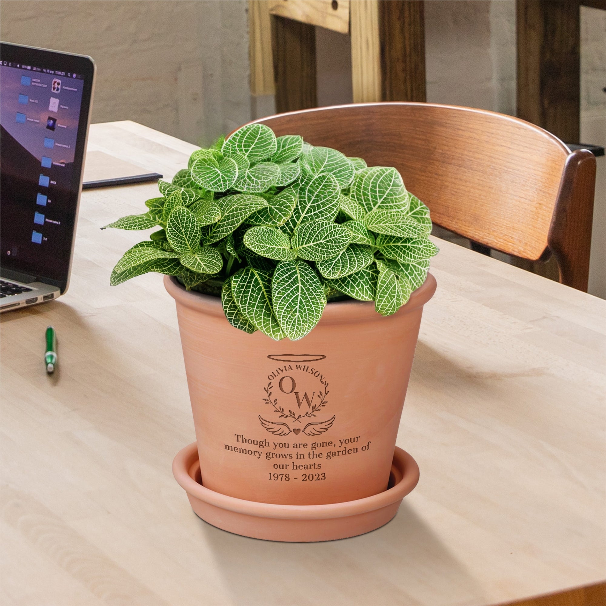 Custom Engraved In Loving Memory Terracotta Plant Pot & Saucer, Personalised Name Date Sympathy Flower Planter Bereavement Grief Garden Gift