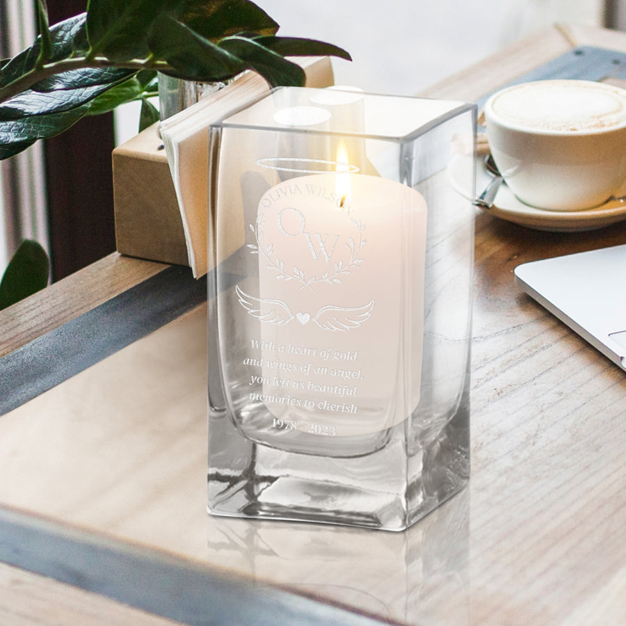 Personalised Memorial Square Glass Vase Candle Holder, Custom Engraved In Loving Memory, Funeral Condolence, Prayer, Celebration of Life, Sympathy Loss of Loved One Wedding Gift