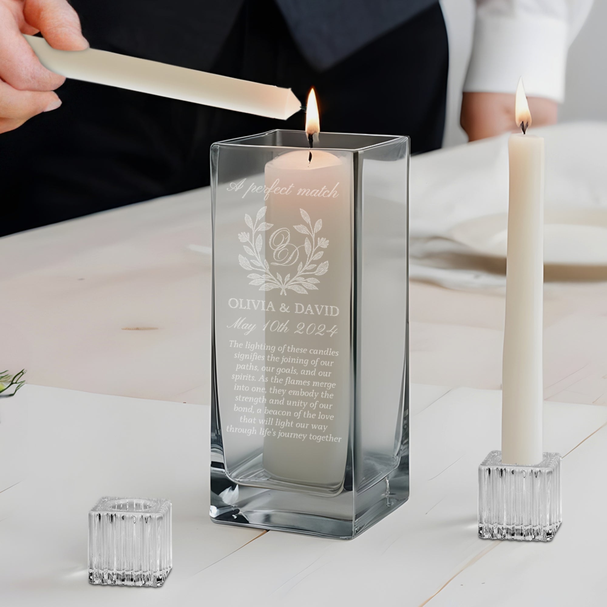 Custom Engraved Square Glass Vase Unity Candles &amp; Holders Set, Wedding Ceremony Engagement Christening Baptism Anniversary Personalised Gift