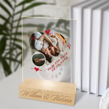 Custom 3D Couple Photo Name LED Night Light, Personalised Wooden Acrylic Print Save the Date Wedding Invitation Table Lamp, Anniversary Gift