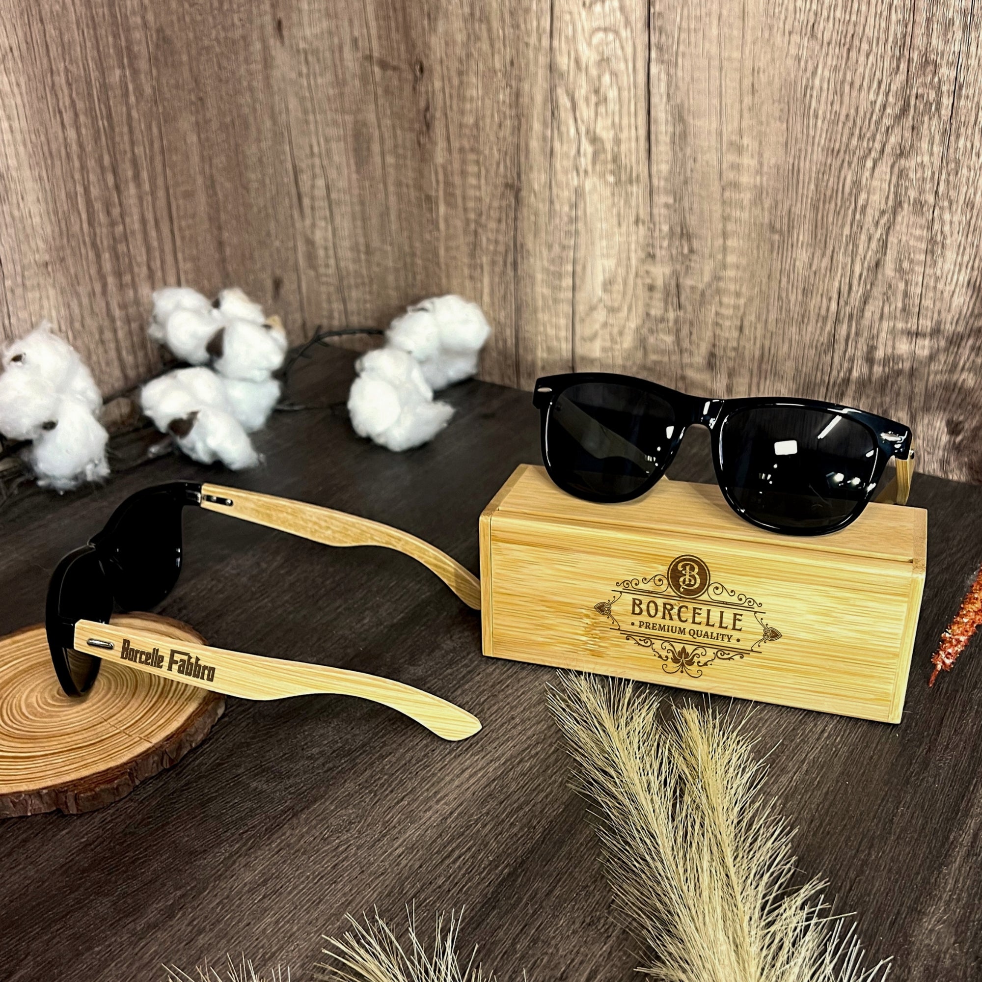 Personalised Unisex Wooden Polarised Sunglasses &amp; Bamboo Box, Custom Engraved Logo Eyeware Glasses Case, Groomsman Dad Gift Wedding Favour