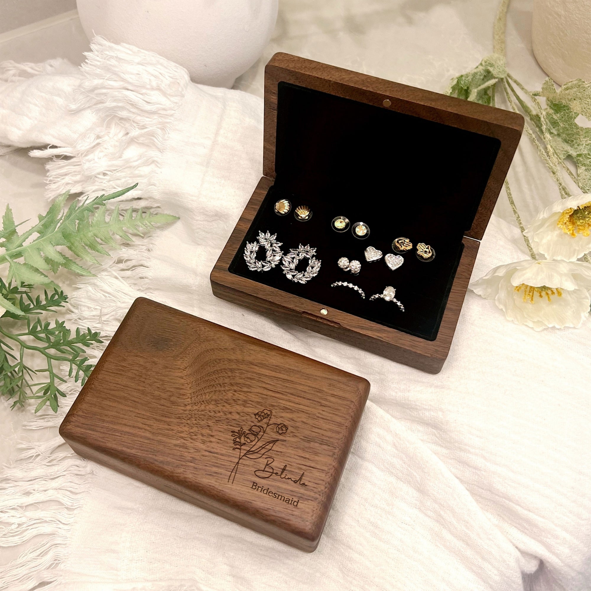 Personalised Wood Jewellery Case, Engraved Birth Flower Walnut Accessories Box, Travel Rings Storage Earrings Organiser, Bridesmaid Mom Gift