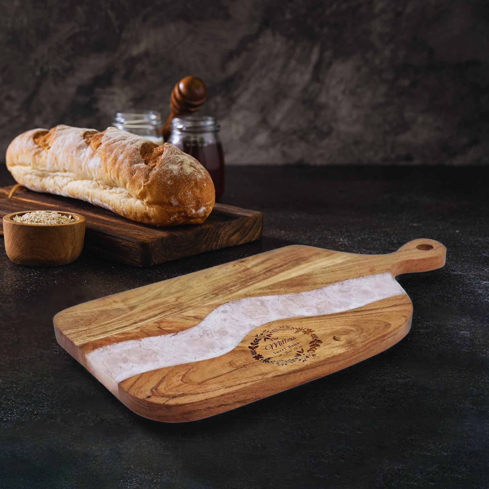Personalised Acacia Wood &amp; Resin Cheese Serving Board, Custom Engraved Cutting/ Chopping Paddle Tray, Charcuterie Platter, Housewarming Gift