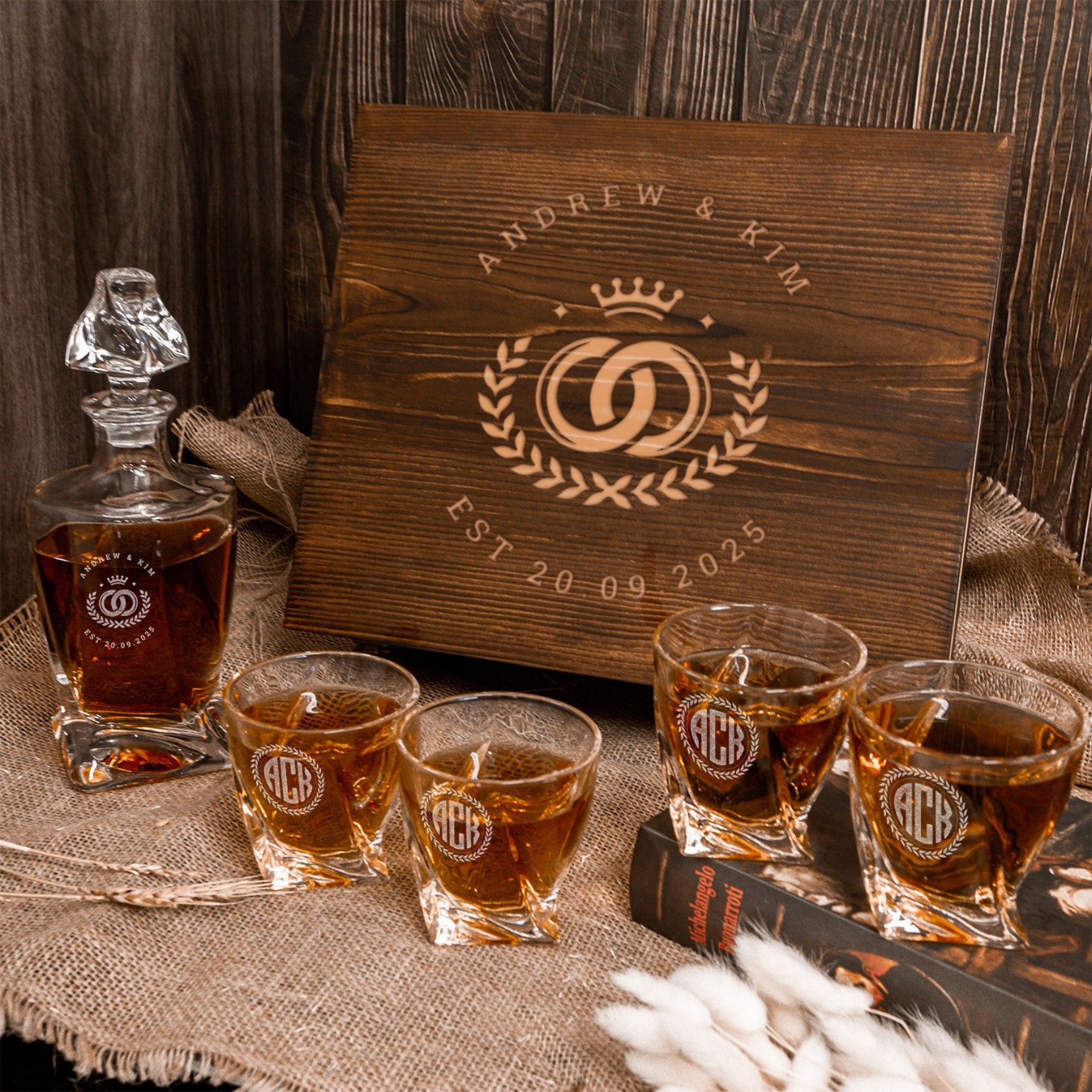 Custom Engraved Twisted Whiskey Decanter Set, 4  Scotch Glasses & Wooden Box, Personalised Logo Barware Dad, Groomsmen Birthday Wedding Gift