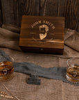 Custom Engraved Whiskey Wooden Box - 2 Round Star Scotch Glasses & 6 Rock Ice Stones, Personalised Barware Set, Birthday, Housewarming Gift