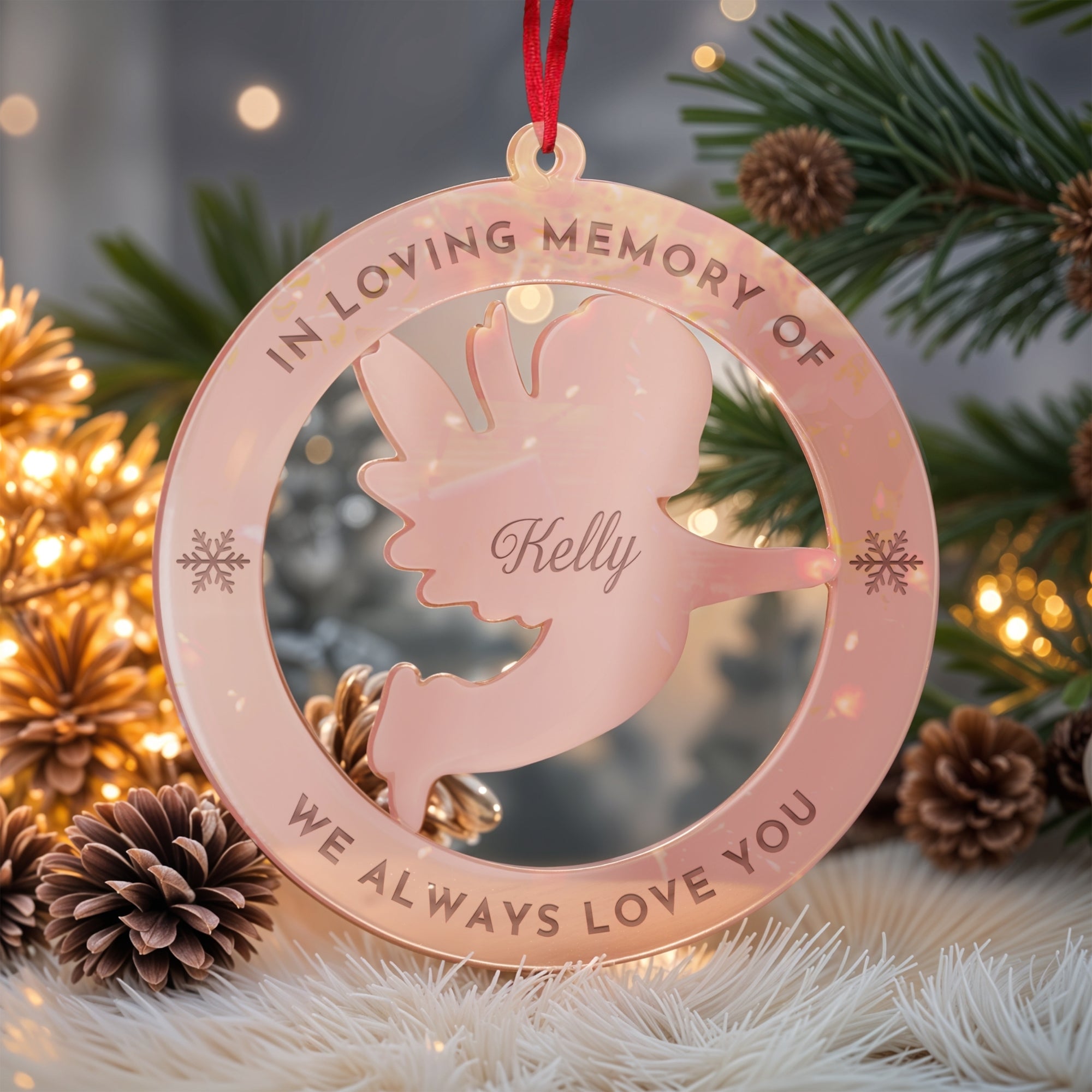 Personalised Angel Christmas Tree Ornament, Heaven Memorial Mirror Acrylic Engraved Custom Name Forever In Our Heart, In Loving Xmas Baubles