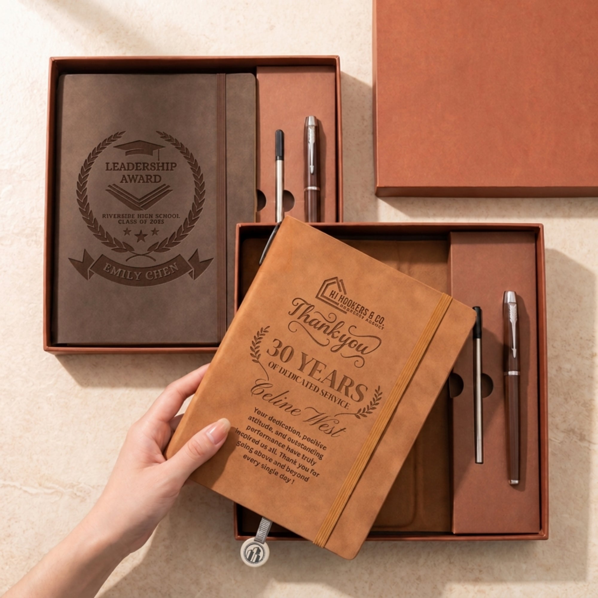 Personalised Engraved Soft Suede A5 Notebook, Pen, Ink Refill &amp; Bookmark Charm Gift Box Set