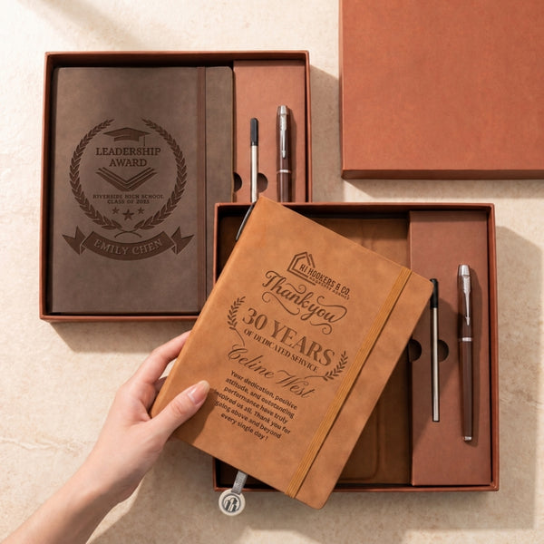 Personalised Engraved Soft Suede A5 Notebook, Pen, Ink Refill & Bookmark Charm Gift Box Set