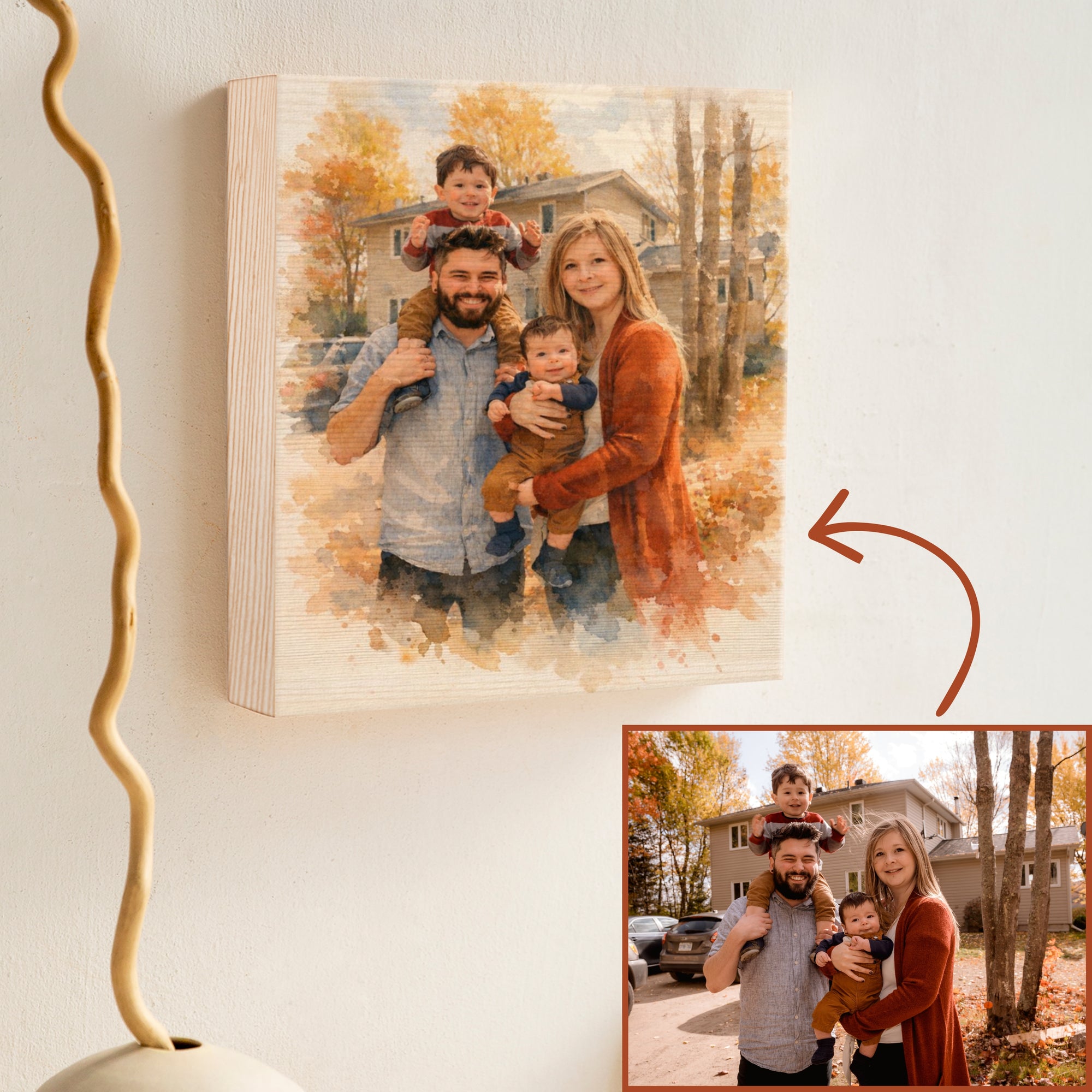 Personalised Watercolour Portrait Photo on Square Wooden Display Block