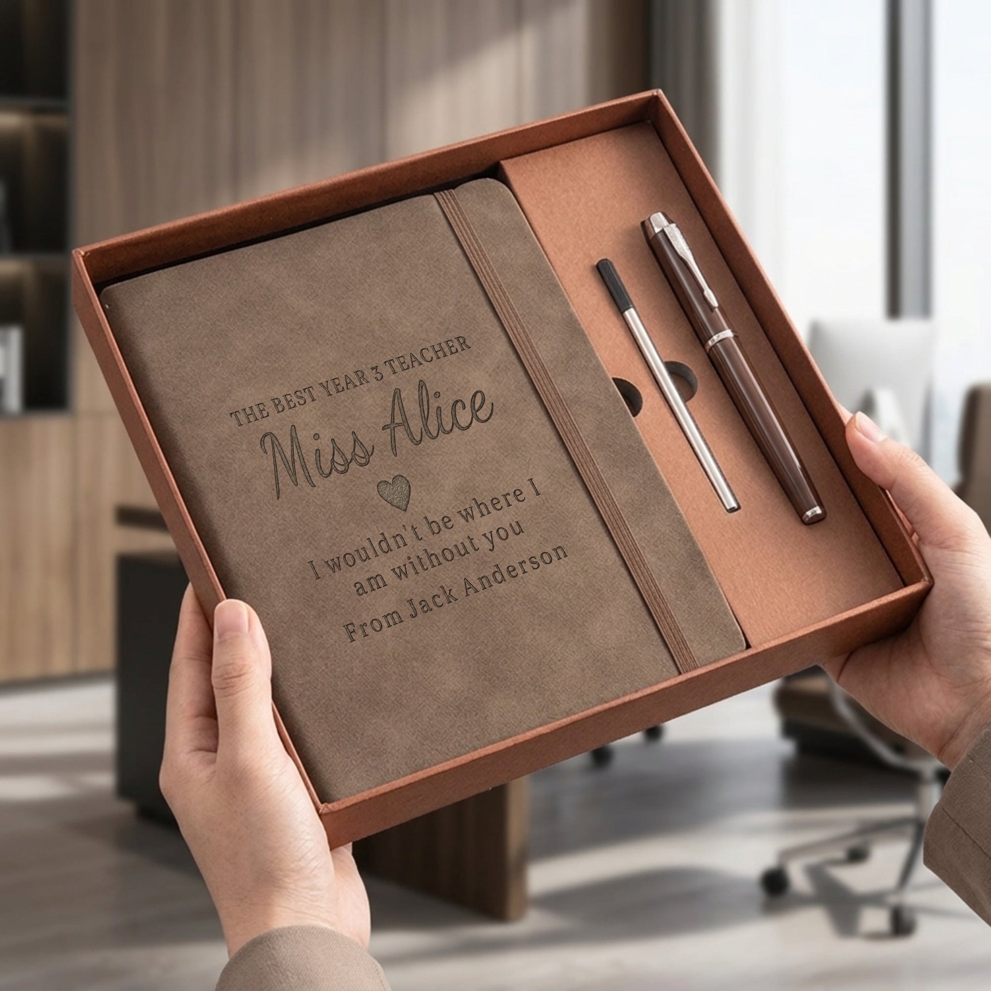 Personalised Engraved Soft Suede A5 Notebook, Pen, Ink Refill &amp; Bookmark Charm Gift Box Set