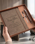 Personalised Engraved Soft Suede A5 Notebook, Pen, Ink Refill & Bookmark Charm Gift Box Set