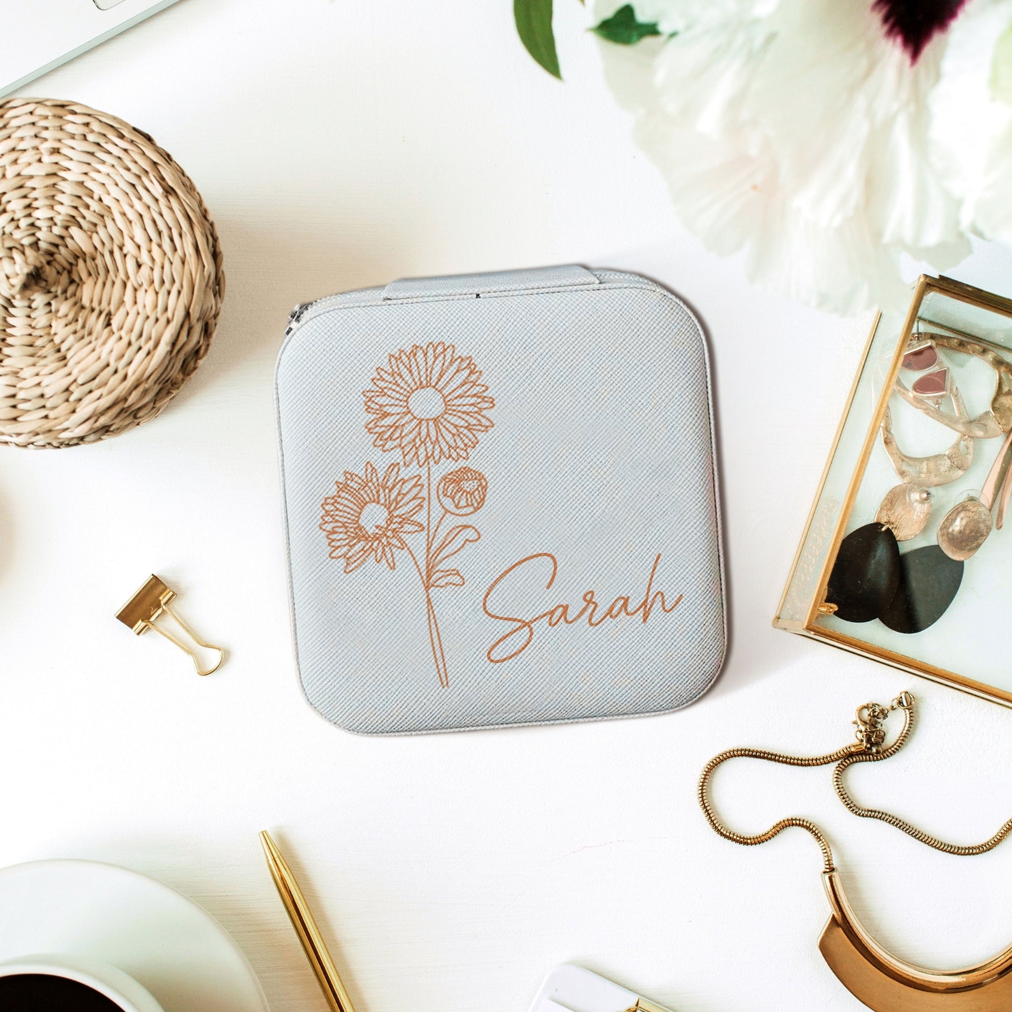 Personalised Birth Month Flower Jewellery Case, Custom UV Printed Travel Accessories Box Storage/ Holder Organiser, Bridesmaid, Mother Gift