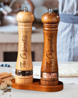 Personalised Wooden Salt Shaker and Pepper Display Grinder Base Set, Engraved Manual Spice Mill Crusher, Kitchen Utensils, Housewarming Gift