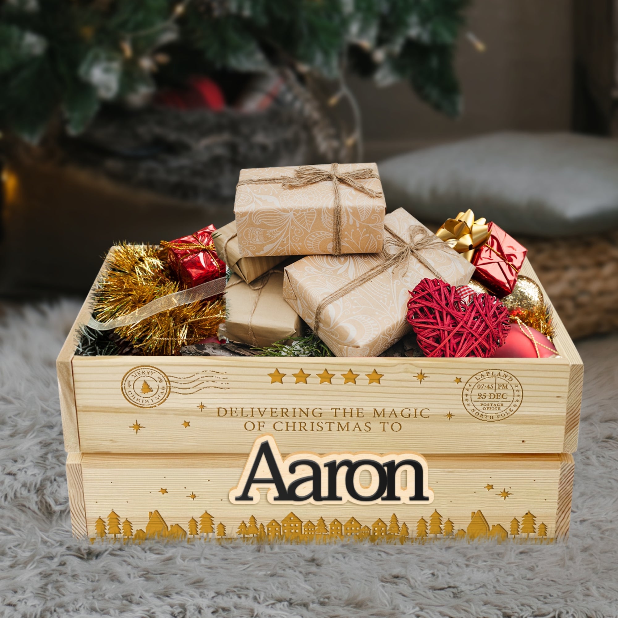 Personalised 3D Double Layers Name Sign Christmas Eve Wood Crate, Customised Santa Kid Box, First Xmas Decor/ Family, Corporate Gift Storage