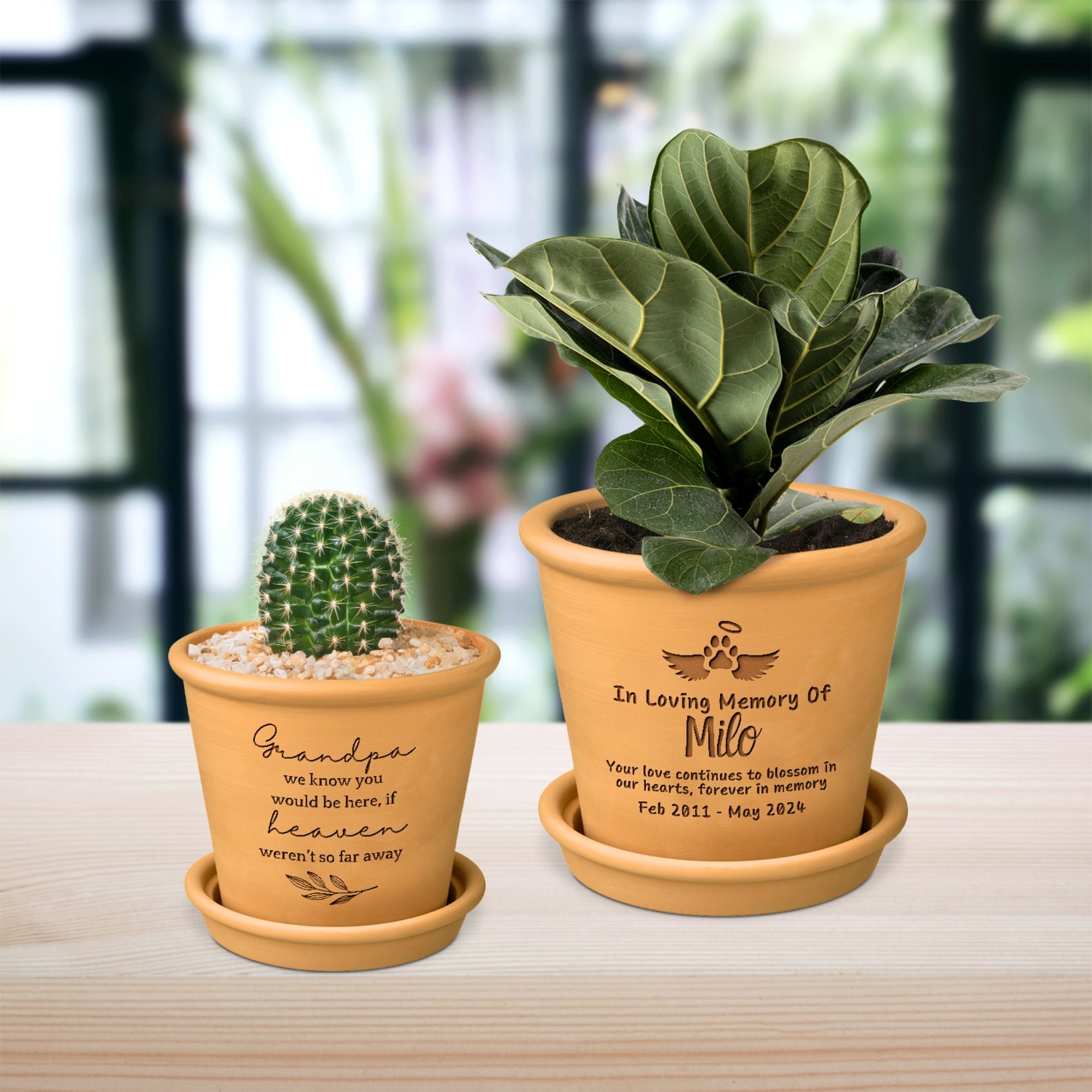 Custom Engraved In Loving Memory Terracotta Plant Pot &amp; Saucer, Personalised Name Date Sympathy Flower Planter Bereavement Grief Garden Gift