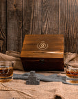 Custom Engraved Whiskey Wooden Box - 2 Round Star Scotch Glasses & 6 Rock Ice Stones, Personalised Barware Set, Birthday, Housewarming Gift