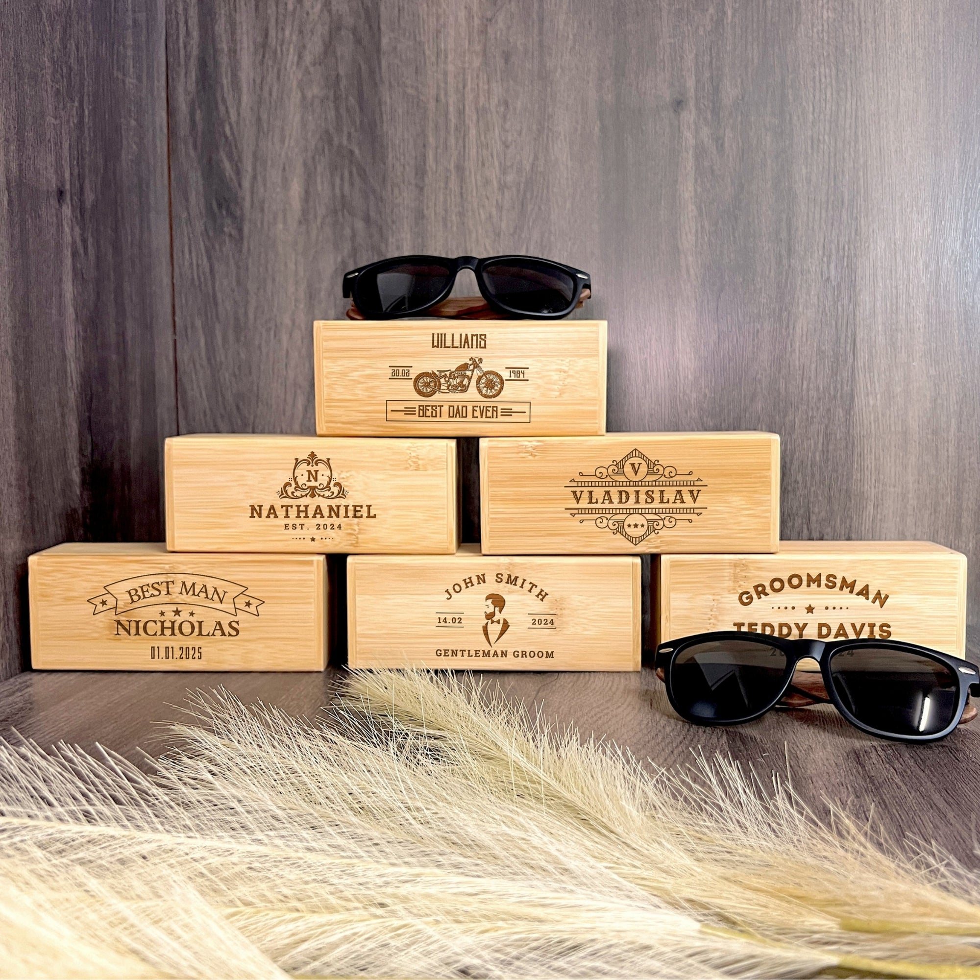 Personalised Unisex Wooden Polarised Sunglasses &amp; Bamboo Box, Custom Engraved Logo Eyeware Glasses Case, Groomsman Dad Gift Wedding Favour