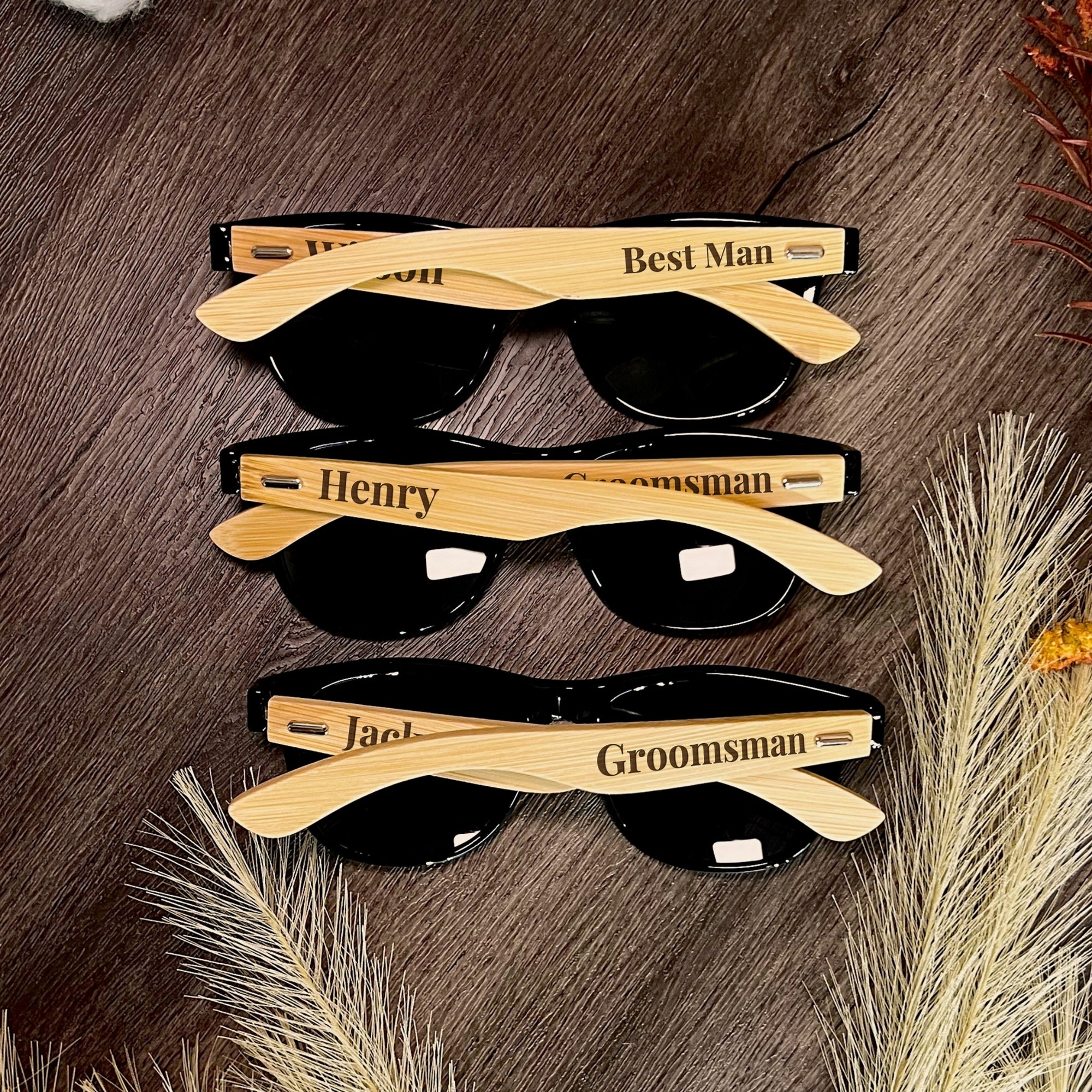 Personalised Unisex Wooden Polarised Sunglasses &amp; Bamboo Box, Custom Engraved Logo Eyeware Glasses Case, Groomsman Dad Gift Wedding Favour