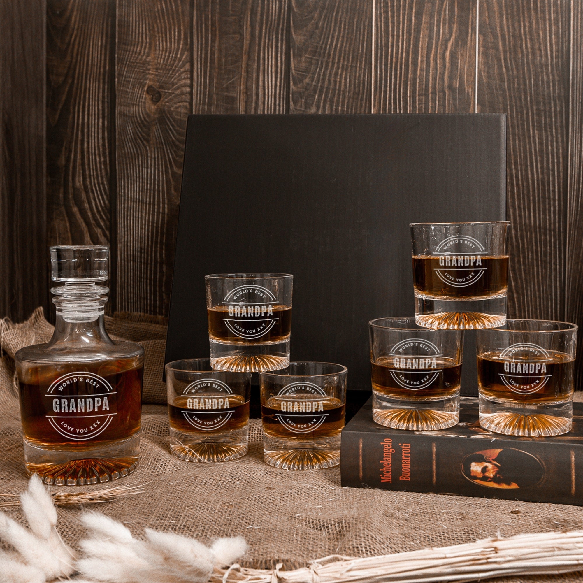 Personalised Round Whiskey Decanter &amp; 6 Scotch Glasses Box Set , Custom Engraved Whisky Barware, Housewarming, Groomsmen, Dad, Birthday Gift
