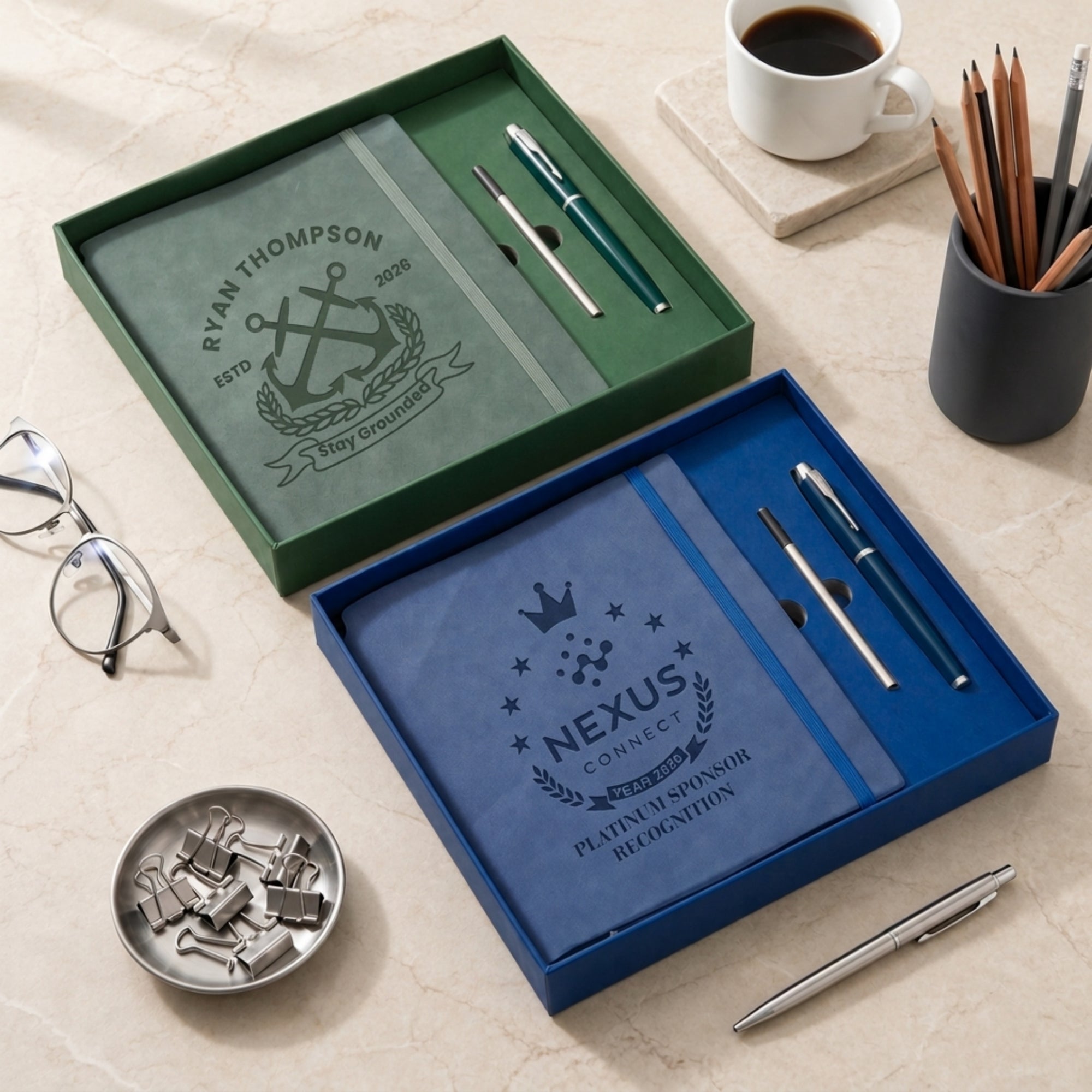 Personalised Engraved Soft Suede A5 Notebook, Pen, Ink Refill &amp; Bookmark Charm Gift Box Set
