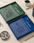 Personalised Engraved Soft Suede A5 Notebook, Pen, Ink Refill & Bookmark Charm Gift Box Set