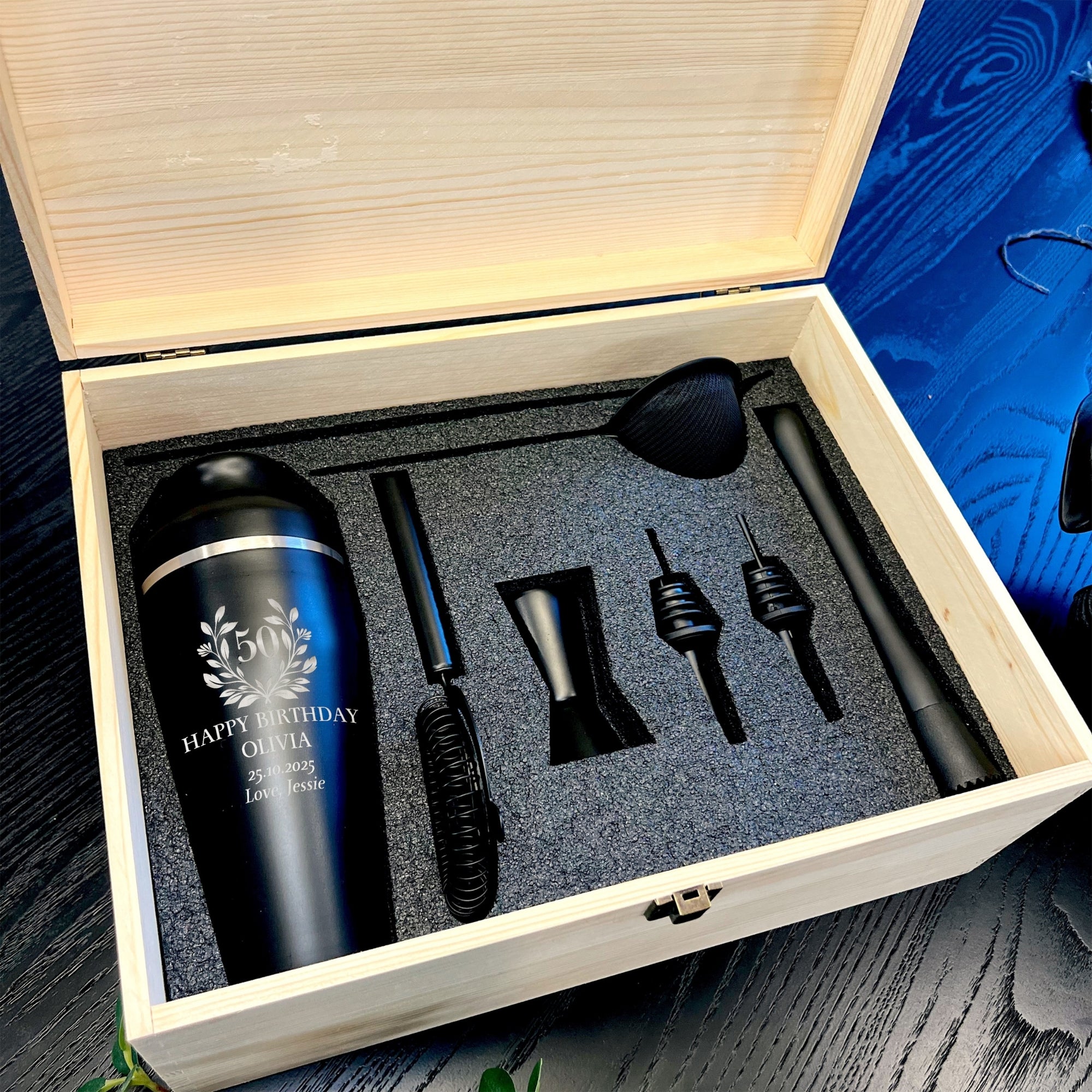 Personalised Cocktail Shaker Set of 9 &amp; Custom Engraved Wooden Box, Dad, Bridesmaid, Groomsman Proposal Wedding, Birthday, Xmas Corporate Gift