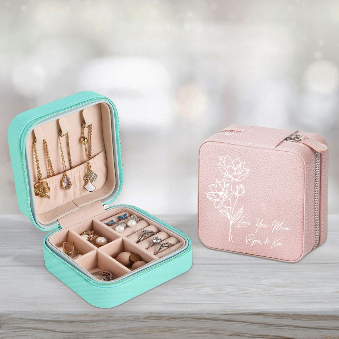 Personalised Birth Month Flower Jewellery Case, Custom UV Printed Travel Accessories Box Storage/ Holder Organiser, Bridesmaid, Mother Gift
